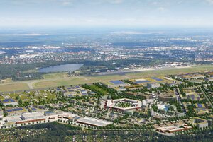 Luftaufnahme zeigt eine Visualisierung der Urban Tech Republic auf dem Gelände des ehemaligen Flughafens Tegel