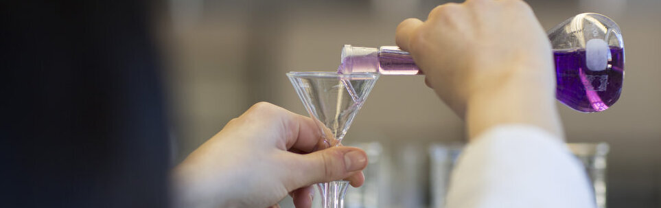 Eine Person schüttet eine lila Flüssigkeit aus einem Erlenmeyerkolben in einen gläsernen Trichter.