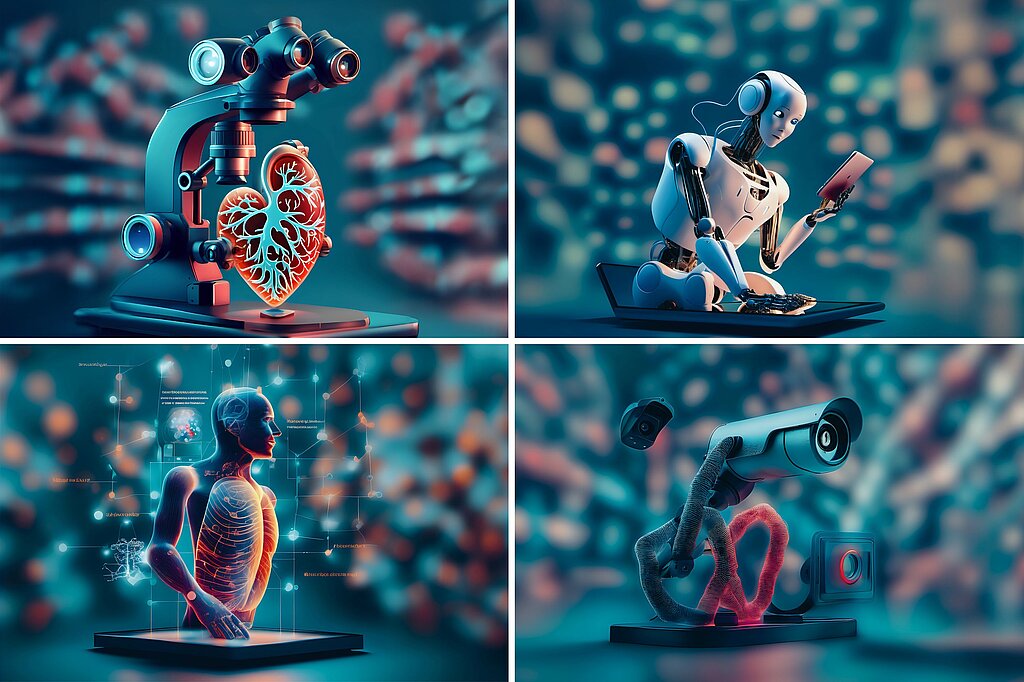 Vier KI-generierte Bilder im selben rot-blau-weißen Farbschema: Oben links: Ein Mikroskop, auf dessen Objekttisch ein Organ sitzt. Oben rechts: Ein hunmanoider Roboter hält ein Tablet in der Hand. Unten links: Ein menschlicher Oberkörper, Kopf und Brustkorb sind leicht transparent und geben den Blick auf Organe frei. Unten rechts: eine Überwachungskamera.