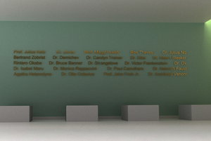 Auf einer hell-türkis gestrichenen Wand sind in goldener Schrift Namen angebracht, avor befinden sich quaderförmige Sitzelemente