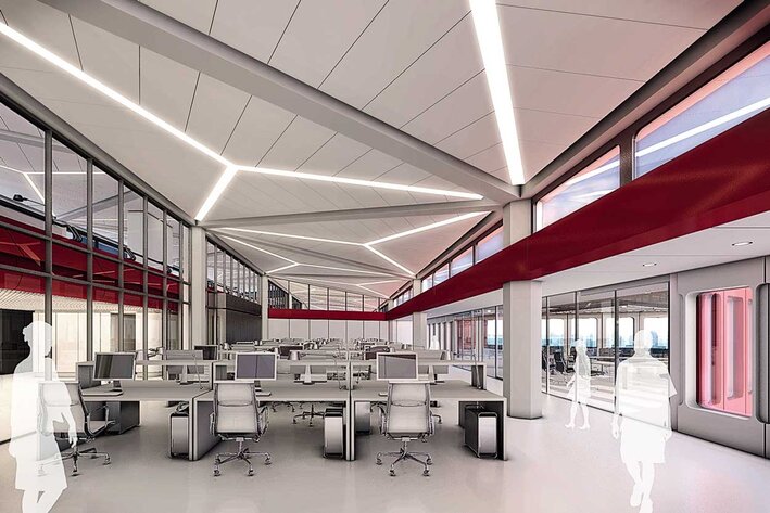 Entwurf eines Foyer-artigen Raumes, in dem sich Büroarbeitsplätze befinden