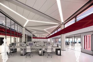 Entwurf eines Foyer-artigen Raumes, in dem sich Büroarbeitsplätze befinden