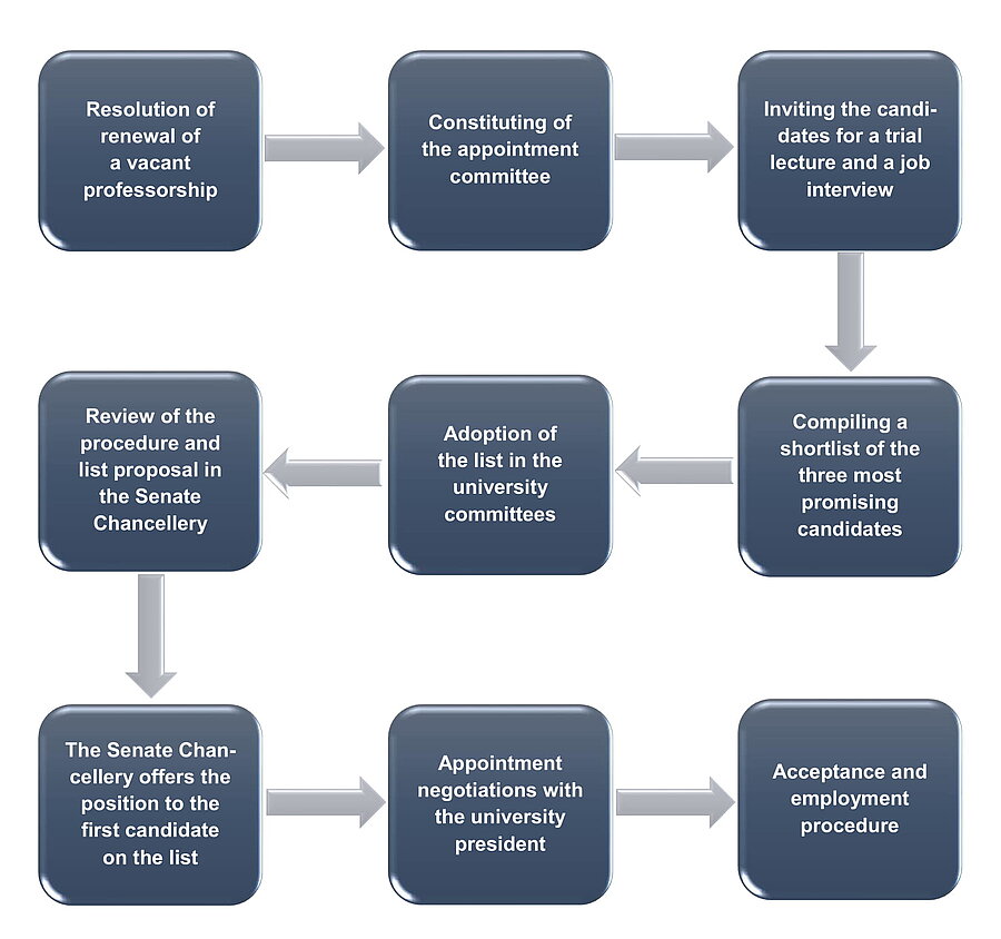 Path diagram showing the steps it takes to appoint a new professor