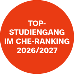 Text in rotem Kreis: Top-Studiengang im CHE-Ranking 2026/2027