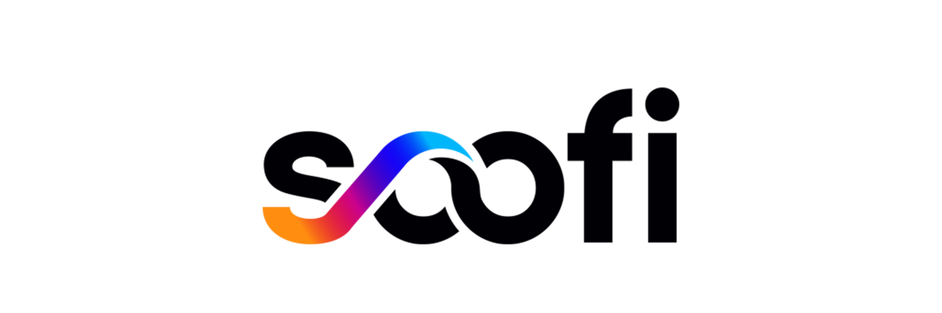 Logo: "soofi" in Kleinbuchstaben, der untere Bogen des s verbindet sich mit dem O in einem regenbogenfarbenen Unendlichkeitszeichen, eine auf die Seite gelegte 8.