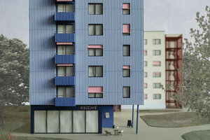 Modell eines Plattenbaus mit gewellter, blauer Fassade und rosanen Markisen an Balkonen und Fenstern, drumherum angelegte Fußwege und Grünflächen