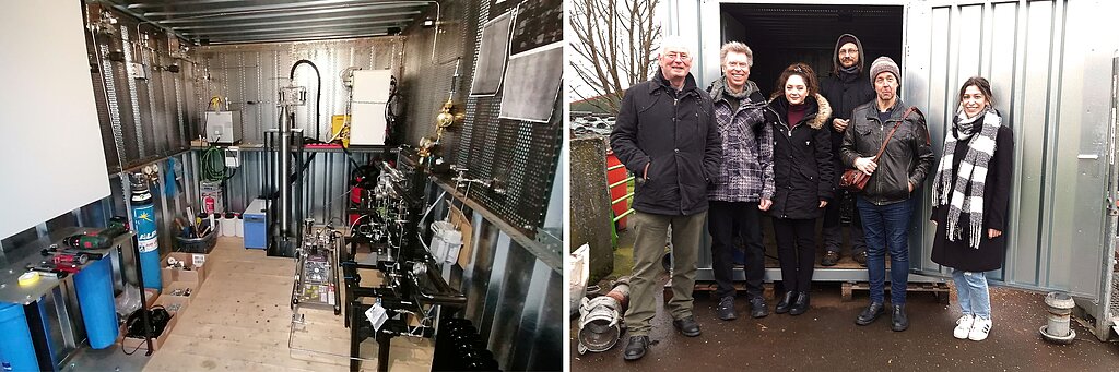 Zwei Fotos. Links: Blick in einen Container. Zu sehen sind diverse Gasflaschen, Apparaturen, Kabel, Schläuche und Rohre. Auf einem Tisch liegt Werkzeug, an der rechten Wand hängen Zettel. Rechts: Sechs Personen stehen vor dem offenen Container, sie tragen Winterkleidung.