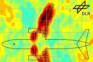 Zwei Abbildungen von einem Flugzeug aus der Draufsicht in einem Koordinatensystem. X- und Y-Achsen beschreiben jeweils die Länge der Flugzeuge in Meter – sie sind gleich groß. Daneben steht eine Farbskala, die Lärm in Dezibel beschreibt: Von leise in Weiß über Grün, Gelb und Orange bis zu laut in Dunkelrot. Linke Abbildung: Die Dezibel-Skala reicht von 49 bis 65. Die Tragflächen des Flugzeugs sind in Dunkelrot getaucht, drum herum ist es blau bis gelb. Es ist kein Weißraum zu sehen.  Rechte Abbildung: Die Dezibel-Skala reicht von 43 bis 59. An den Tragflächen des Flugzeugs sind einzelne kleine tiefrote Stellen zu erkennen, einige sind auch gelb und blau. Der Rest ist nahezu komplett weiß. Auf beiden Abbildungen ist das Logo des Deutschen Luft- und Raumfahrtzentrums (DLR) zu sehen. Es besteht aus drei nebeneinander liegenden Rauten, an der mittleren Raute sitzt jeweils ein Dreieck an der oberen und unteren Kante. Daneben stehen die Buchstaben DLR.