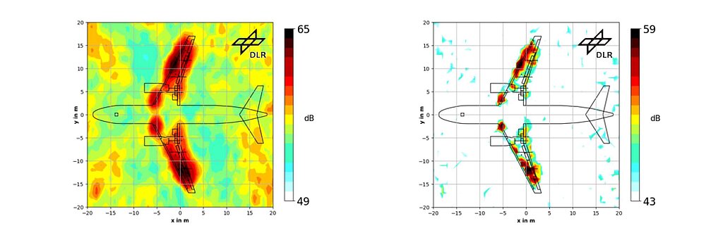 Zwei Abbildungen von einem Flugzeug aus der Draufsicht in einem Koordinatensystem. X- und Y-Achsen beschreiben jeweils die Länge der Flugzeuge in Meter – sie sind gleich groß. Daneben steht eine Farbskala, die Lärm in Dezibel beschreibt: Von leise in Weiß über Grün, Gelb und Orange bis zu laut in Dunkelrot. Linke Abbildung: Die Dezibel-Skala reicht von 49 bis 65. Die Tragflächen des Flugzeugs sind in Dunkelrot getaucht, drum herum ist es blau bis gelb. Es ist kein Weißraum zu sehen. Rechte Abbildung: Die Dezibel-Skala reicht von 43 bis 59. An den Tragflächen des Flugzeugs sind einzelne kleine tiefrote Stellen zu erkennen, einige sind auch gelb und blau. Der Rest ist nahezu komplett weiß. Auf beiden Abbildungen ist das Logo des Deutschen Luft- und Raumfahrtzentrums (DLR) zu sehen. Es besteht aus drei nebeneinander liegenden Rauten, an der mittleren Raute sitzt jeweils ein Dreieck an der oberen und unteren Kante. Daneben stehen die Buchstaben DLR.