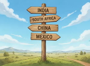 Illustration eines Wegweisers auf Holz, auf den Schildern die Aufschriften India, South Afrika, China, Mexico