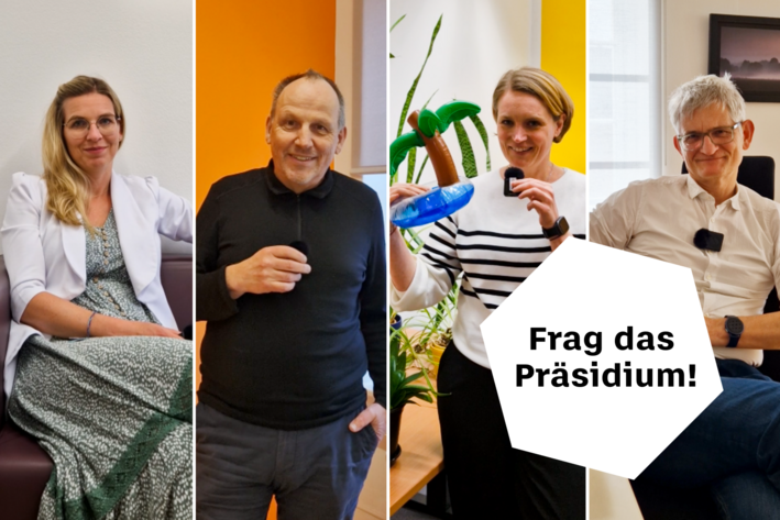 Collage von vier Porträts von Personen, die teilweise ein kleines Mikro in der Hand halten, unten rechts Text in sechseckigem Rahmen: Frag das Präsidium! 