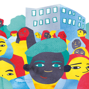 Eine Gruppe von Personen mit unterschiedlichen Geschlechtern, Hautfarben und Kleidungsstücken.