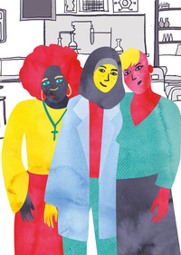 Three people stand together in a laboratory and seem to have a friendly relationship with each other. The person on the left wears a cross pendant on a necklace. The person in the middle wears a lab coat and a headscarf. The person on the right wears a long skirt and has a sidecut. In the background you can see a laboratory.