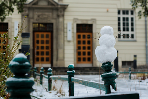 Ein kleiner Schneemann steht auf einem Geländer vor einem Altbaueingang.