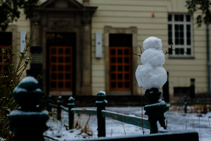 Ein kleiner Schneemann steht auf einem Geländer vor einem Altbaueingang.
