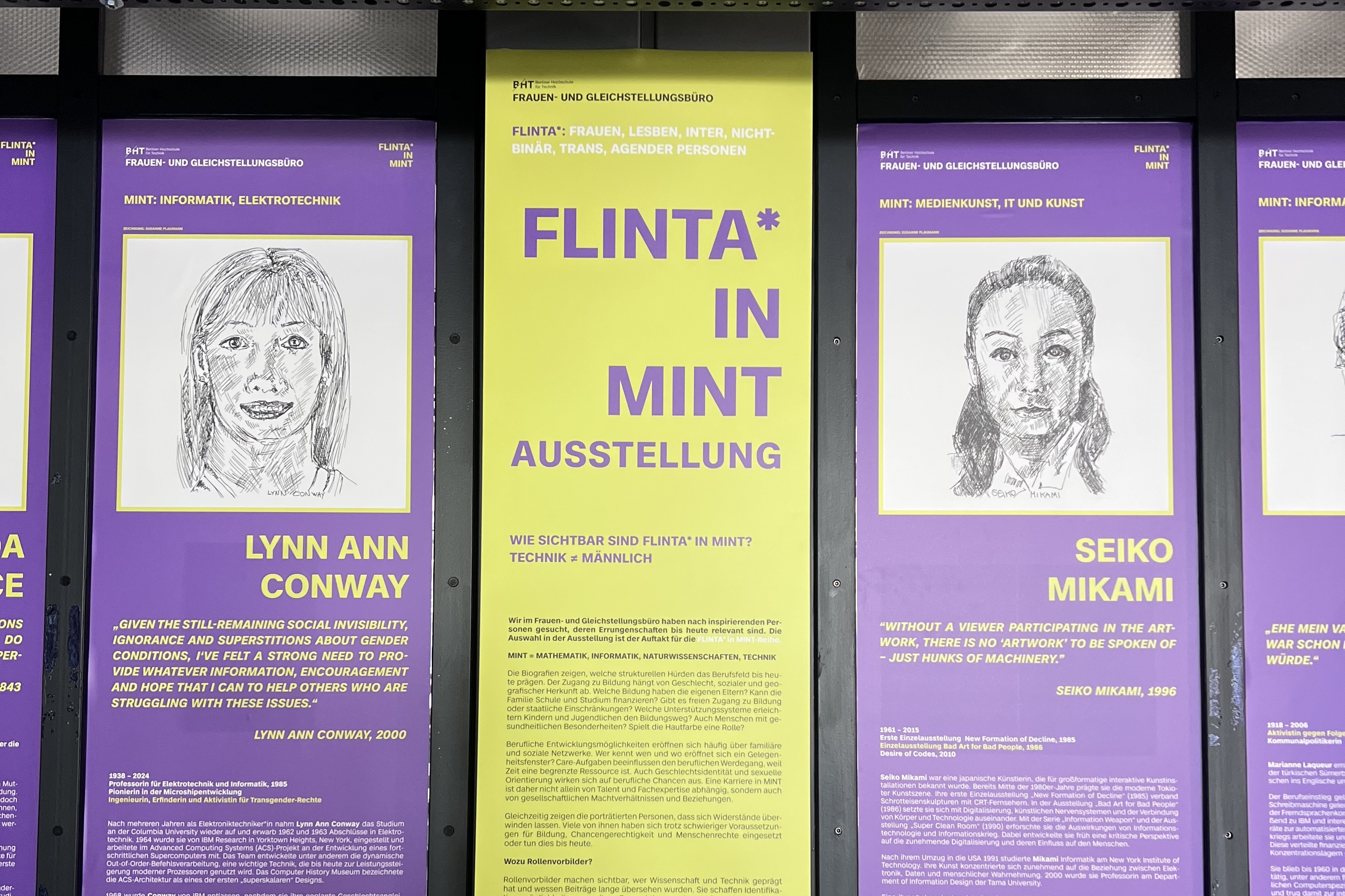 Poster in Lila und Gelb zum Thema FLINTA in MINT mit Text und gezeichneten Frauen-Porträts