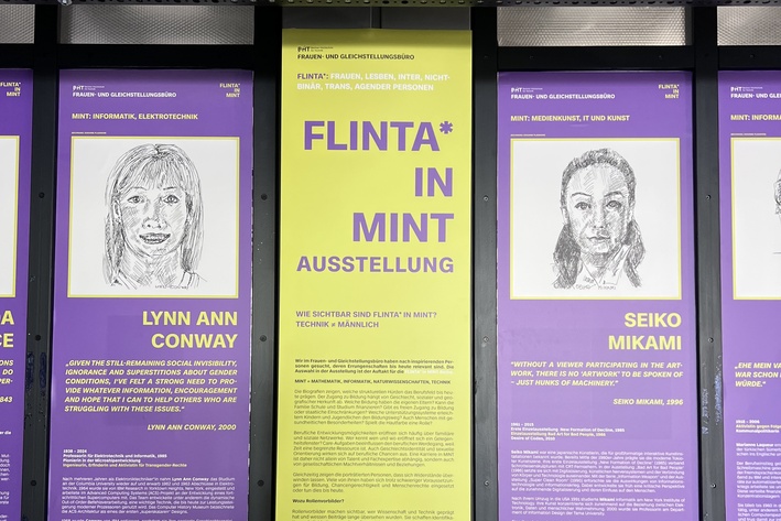 Poster in Lila und Gelb zum Thema FLINTA in MINT mit Text und gezeichneten Frauen-Porträts