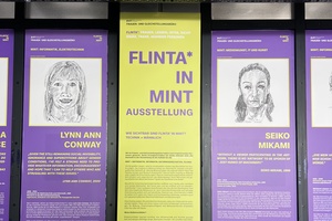 Poster in Lila und Gelb zum Thema FLINTA in MINT mit Text und gezeichneten Frauen-Porträts