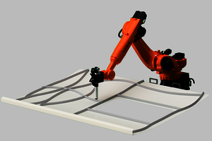 Ein Gelenkroboter trägt geschmolzenes Kunststoffgranulat auf einem großflächigen Substrat auf.