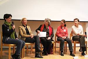 Podiumsdiskussion mit (v.l.n.r.): Prof. Dr. Ines Maria Rohlfing, Prof. Dr. Britta Kruse, Heidemarie Wüst, Prof. Dr. Silke Köhler und Prof. Dr. Juliane Siegeris