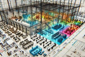 KI-generierte Innenansicht einer Fabrik aus der Vogelperspektive. Einige Arbeitsbereiche sind bunt eingefärbt.