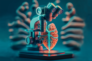 KI-erzeugtes Bild mit einem Roboter-ähnlichem Mikroskop, einem Herzen und Rippenbögen