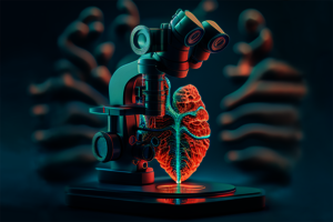 KI-erzeugtes Bild mit einem Roboter-ähnlichem Mikroskop, einem Herzen und Rippenbögen