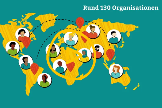 Weltkarte mit Standorten der 130 teilnehmenden Organisationen