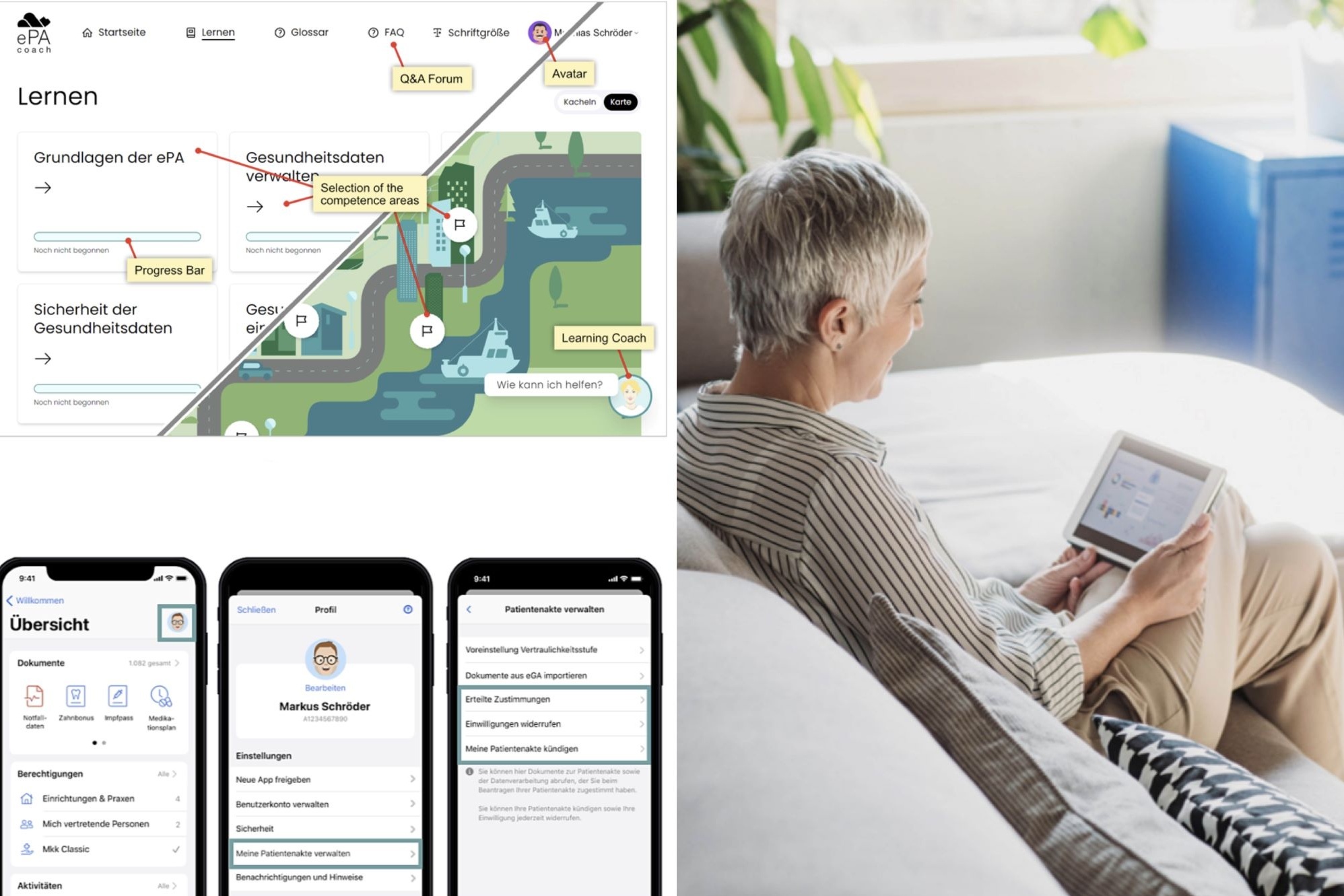 Collage aus drei Fotos: Oben links: Screenshot der Web-Anwendung ePA-Coach: In der ersten Zeile Menüpunkte: Startseite, Lernen (ist ausgewählt), Glossar, FAQ, Schriftgröße, ein Icon mit einem Kopf darin und daneben der Name Matthias Schröder. Darunter die Überschrift Lernen. Dann weitere Unterüberschriften mit Fortschrittsbalken: Grundlagen der ePA, Gesundheitsdaten verwalten, Sicherheit der Gesundheitsdaten. Rechts daneben eine Illustration in grün, blau und grau: Eine Straße, vereinzelt Bäume, kleine Häuser, Hochhäuser, ein Fluss mit zwei Schiffen. Am rechten unteren Bildrand ein Icon mit einem Kopf darin und dem Text "Wie kann ich helfen?" Unten links: Drei Smartphones nebeneinander, die die Menüführung der Anwendung ePA-Coach erklären. Auf dem ersten Screen zu sehen: Überschrift "Übersicht", daneben ein Avatar (mit einem Auswahlkästchen umschlossen". Darunter: Text: "Dokumente 1.082 gesamt >", Icon 1: ein Rechteck mit eingeknickter oberen Ecke und einer Herzstromkurve, darunter der Text "Notfallplan". Icon 2: ein Kästchen mit einem Zahn darin, darunter der Text "Zahnbonus". Icon 3: Ein Kästchen mit einer Spritze darin, darunter der Text "Impfpass". Icon 4: Eine Uhr und drei Pillen, darunter der Text "Medikationsplan". Darunter: Text "Berechtigungen Alle >", danach drei Zeilen Icons mit Text, Icon 1: Haus "Einrichtungen und Praxen 4". Icon 2: Zwei Personen "Mich vertretende Personen 2". Icon 3: eine aufgehaltene Hand, darüber ein Kreuz, "Mkk Classic" und ein Häkchen. Darunter: Text "Aktivitäten Alle >". Auf dem zweiten Screen zu sehen: Überschrift "Profil", links daneben Icon: Fragezeichen in einem Kreis, rechts daneben Text "Schließen". Darunter: ein Avatar mit einem Kopf darin, darunter der drei Zeilen Text: "Bearbeiten", "Markus Schröder", "A1234567890". Darunter: Überschrift "Einstellungen", darunter fünf Zeilen Text: "Neue App freigeben >", "Benutzerkonto verwalten >", "Sicherheit >", "Meine Patientenakte verwalten >" (mit einem Auswahlkästchen umschlossen), "Benachrichtungen und Hinweise >". Auf dem dritten Screen zu sehen: Überschrift "Patientenakte verwalten >", darunter sechs Zeilen Text: "Voreinstellung Vertraulichkeitsstufe >", "Dokumente aus eGA importieren >", "Erteilte Zustimmungen >", "Einstellungen widerrufen >", "Meine Patientenakte kündigen >". Darunter Kleingrucktes: Sie können hier Dokumente zur Patientenakte sowie der Datenverarbeitung abrufen, der Sie beim Beantragen Ihrer Patientenakte zugestimmt haben. Sie können Ihre Patientenakte kündigen sowie Ihre Einwilligung jederzeit widerrufen." Rechts: Foto eines älteren Menschen, der auf einem Sofa sitzt und ein Tablet in der Hand hält.