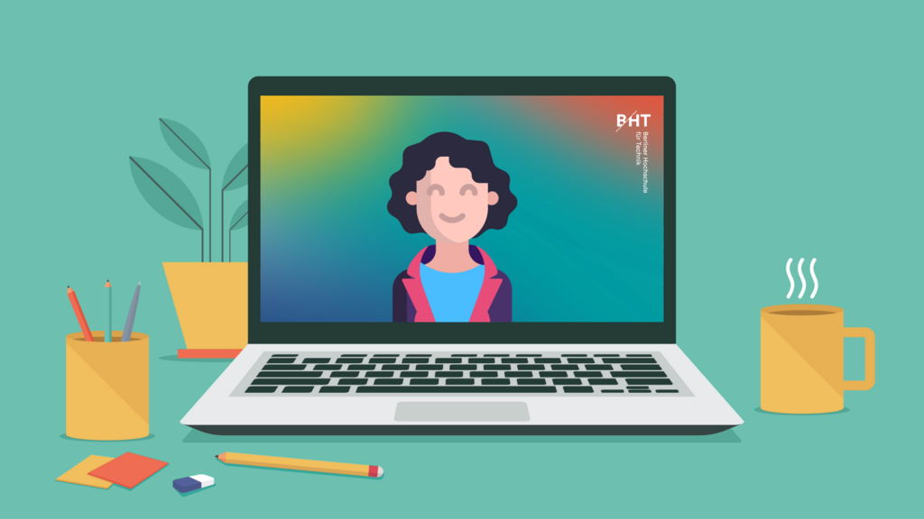 BHT-Hintergrundbild Auf einem aufgeklappten Laptop ist eine Person vor einem mehrfarbigen Hintergrund mit BHT-Logo zu sehen.