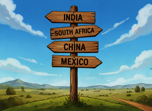 Pfahl mit Wegweisern in verschiedene Richtungen mit Beschriftung "India, South Africa, China, Mexico"