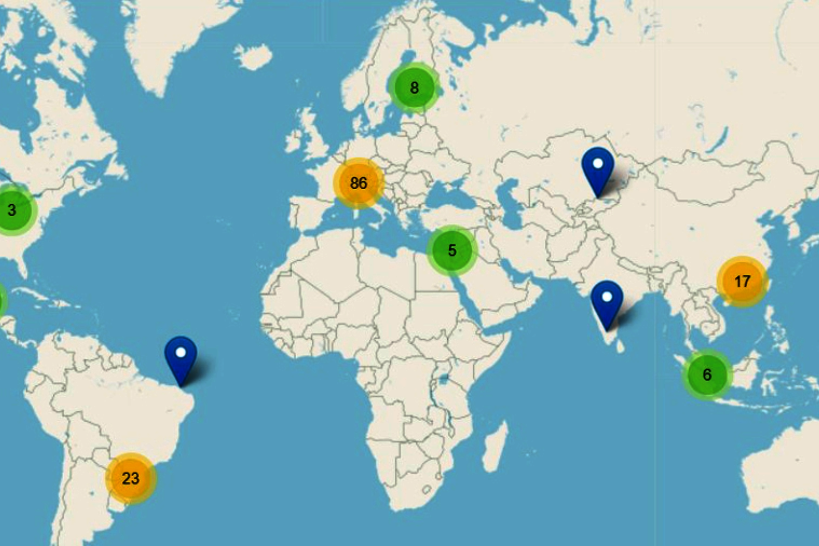 Weltkarte mit gesetzten Markierungen