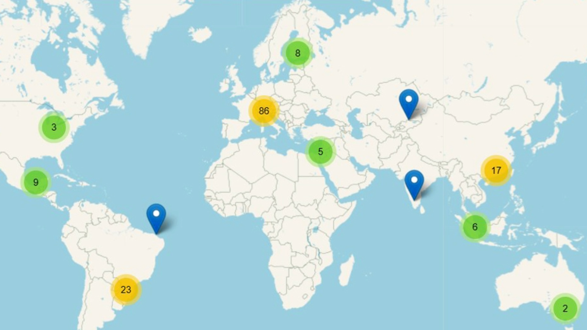 Weltkarte mit gesetzten Markierungen