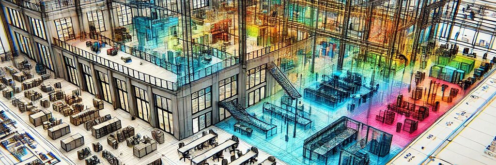 KI-generierte Innenansicht einer Fabrik aus der Vogelperspektive. Einige Arbeitsbereiche sind bunt eingefärbt.
