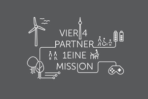 Windrad, Bäumen, Controller, Gebäuden, Menschen und dem Berliner Fernsehturm bilden ein Netzwerk, Text: Vier Partner, eine Mission 