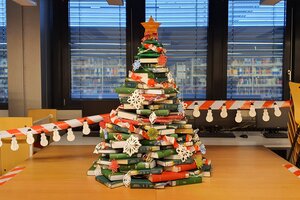 Blick auf mit Büchern gefüllte Regale der Bibliothek durch eine Glasscheibe