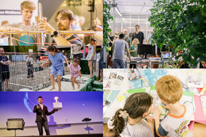 Tomatenpflanzen in einem Gewächshaus, im Hintergrund Besucher*innen vor einem Info-Stand