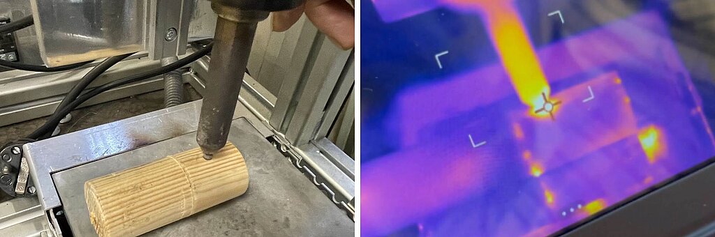 MaiVE Zwei Fotos: Links: Ein Holzzylinder liegt auf einer Metallunterlage, von oben berührt ein Metallstift seine Oberfläche. Rechts: Blick durch eine Wärmebildkamera auf das linke Bild.