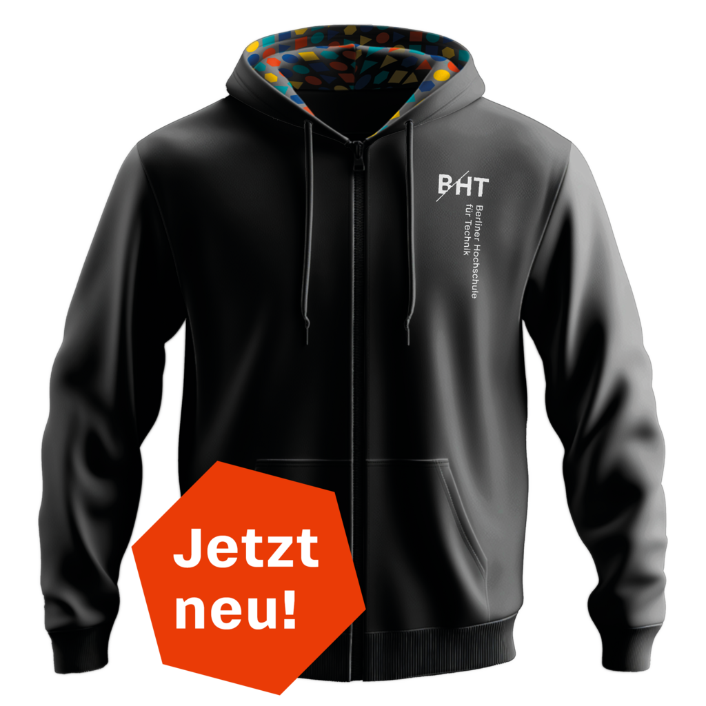 Schwarze Kapuzenjacke, Text: Jetzt neu!