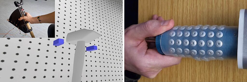 Drei Fotos: Links oben: Ein Hand hält eine schwarze Vorrichtung, auf der ein Werkzeug ist. Dahinter: Ein Screenshot eines Computerprogramms, in dem ein Hammer Nägel in die Wand schlägt. Rechts: Eine Hand hält einen Zylinder, der mit kleinen Plättchen versehen ist.