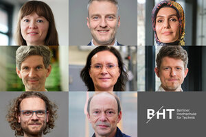 Collage mit Porträtaufnahmen von 8 Personen und BHT-Logo