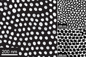Drei elektronenmikroskopische Aufnahmen von Gold-Nanopartikeln in Schwarz-Weiß: Die erste zeigt mehrere Reihen der Partikel nebeneinander, die zweite zeigt die Partikel übereinander, die dritte zeigt eine Wabenstruktur