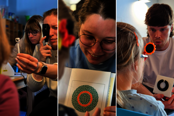 Junge Menschen zeigen Kindern verschiedene Gegenstände und Bildkarten, um Sehkraft und Augengesundheit zu beurteilen (Collage)