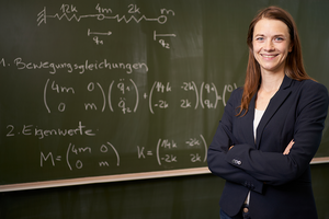 Prof. Dr. Katharina Höhne steht vor einer Tafel mit mathematischen Formeln.