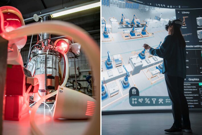 Links: Ein Bioreaktor. Rechts: Eine Person mit VR-Brille steht vor einer Leinwand, auf der ein digitaler Fabrikplan zu sehen ist.