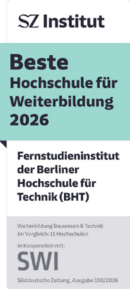 Siegel SZ Institut: Beste Hochschule für Weiterbildung 2026, Kategorie Bauwesen & Technik