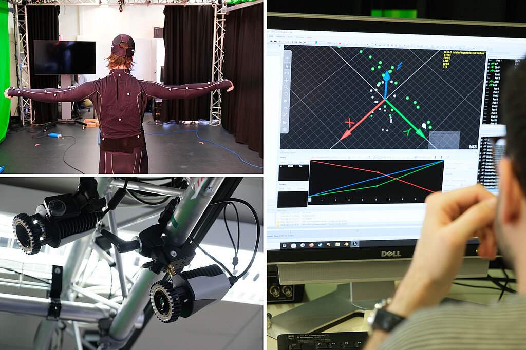 BIOKIT Collage aus drei Fotos: Oben links: Ein Mensch von hinten. Er trägt einen schwarzen Ganzkörperanzug, auf dem weiße Bällchen verteilt sind. Neben ihm ein Greenscreen, vor ihm ein großer Bildschirm. An einem Deckengerüst hängen mehrere Kameras, die auf die Person gerichtet sind. Unten links: Zwei Kameras, die an ein Deckengerüst montiert sind. Rechts: Im Anschnitt ein Mensch, der auf einen Computerbildschirm blickt. Darauf zu sehen: Ein dreidimensionales Koordinatensystem, die Achsen sind rot, blau und grün, darin verteilen sich weiße und grüne Punkte. Darunter ein zweidimensionales Koordinatensystem mit blauem, grünem und rotem Graphen.