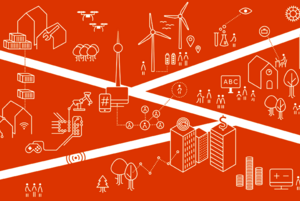 Illustration: Vor orangem Hintergrund zeigt sich eine Stadt mit Wohn- und Geschäftshäusern, einem Fernsehturm, Windrädern, Bäumen und Menschen.