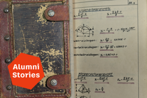 Collage: Buchdeckel mit stark abgenutztem Ledereinband und handschriftliche Formeln auf einer Buchseite, Text: Alumni-Stories