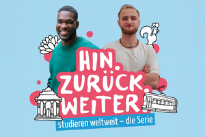 Zwei Studenten im Hintergrund, davor ein Text: Hin, Zurück, Weiter.
